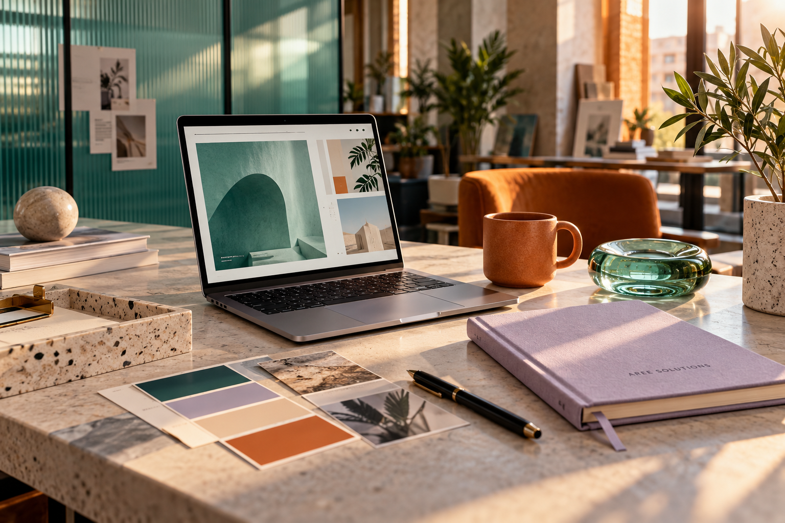 Aree creative workspace concept with laptop, brand notebook and warm studio lighting